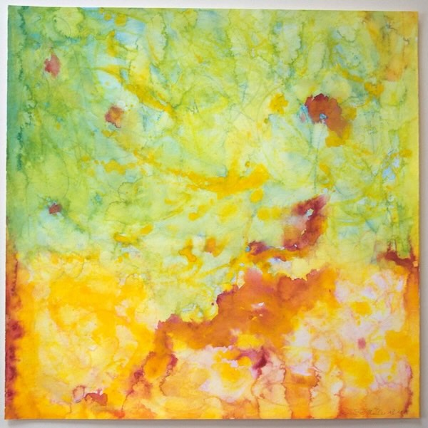 abstract watercolour, watercolor, meditation, orange, green, yellow, layered