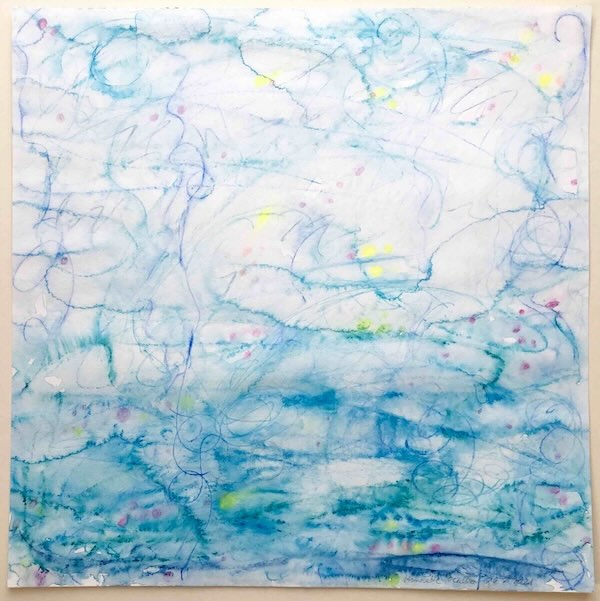 abstract watercolour about meditation with light blue and yellow lines