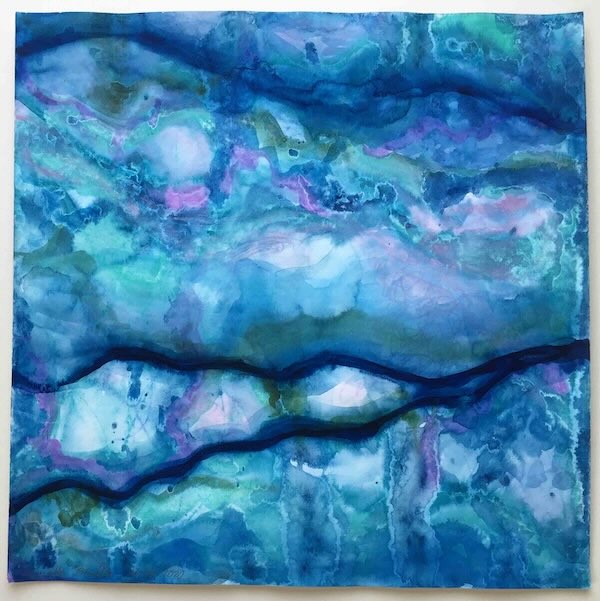 abstract watercolour in layers about meditation with light and dark blue and some pink