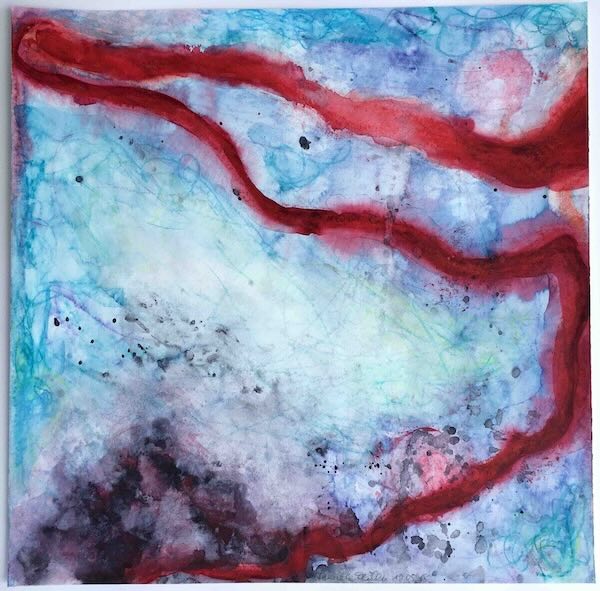 watercolour, abstract in layers, dance, light blue and dark red