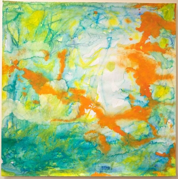 watercolour, abstract, layered, dance, orange, yellow and cerulean blue