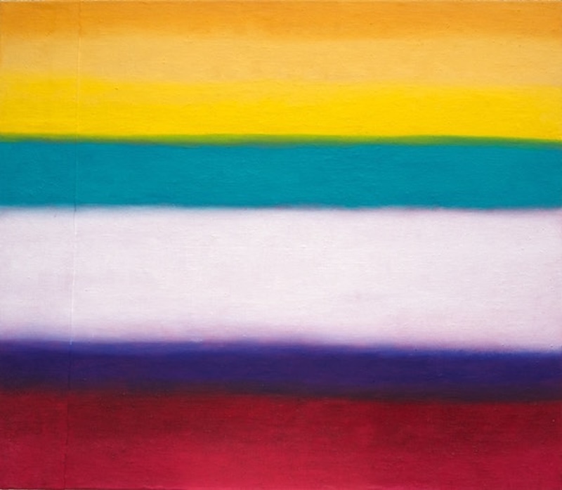 oil painting, colour fields, color fields, Farbfelder, meditation, yellow, turquoise, light pink, violet, alizarine