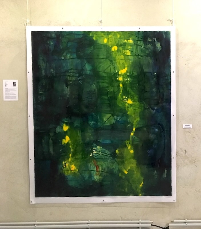 large abstract painting in layers, Fish disappearing, acrylic ink on Bütten, exhibition view 2017, Artist Homes, Berlin