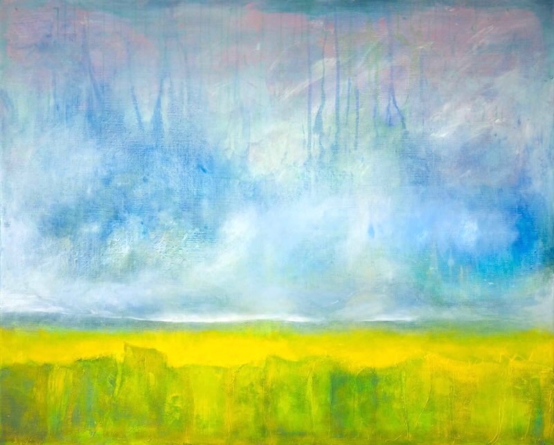 painting, oil, abstract, layered, gauze, green, yellow in foreground, sky with light blues and pink background, Eiffel tower, Big Ben, Radio tower Berlin, Alexanderplatz