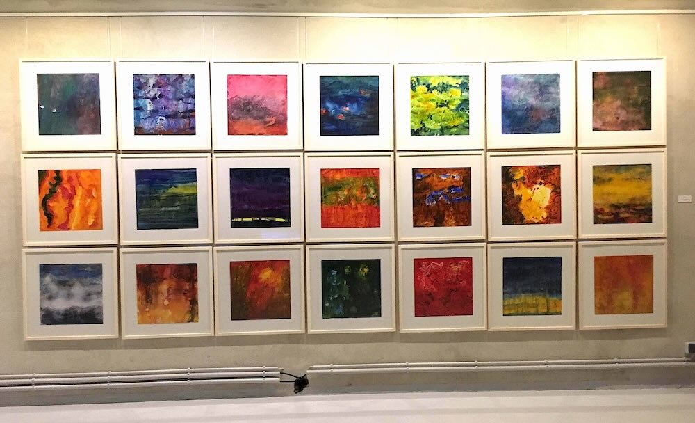 watercolour, watercolor, abstract, layered, series February, exhibition view 2017, Artist Homes, Berlin, 42x42cm each, framed 60x60cm each, colourful