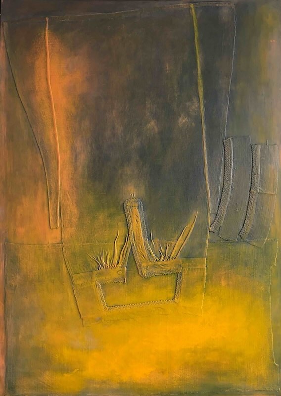 oil painting, large, historic work shirt and oil on wood, J.G. embroidered on linen shirt