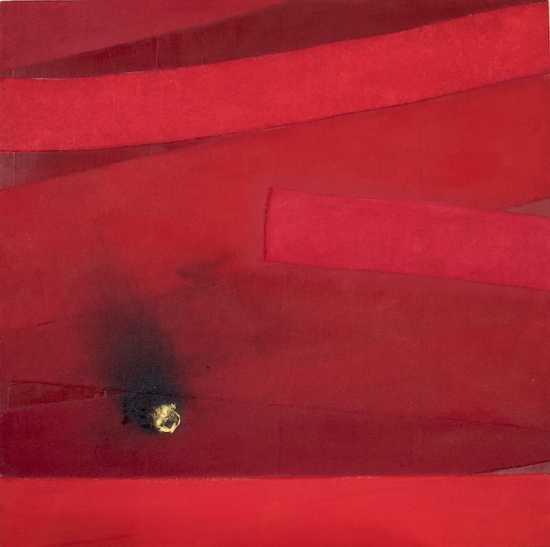 abstract painting, bandages, gold leaf, black soot, acrylics, red