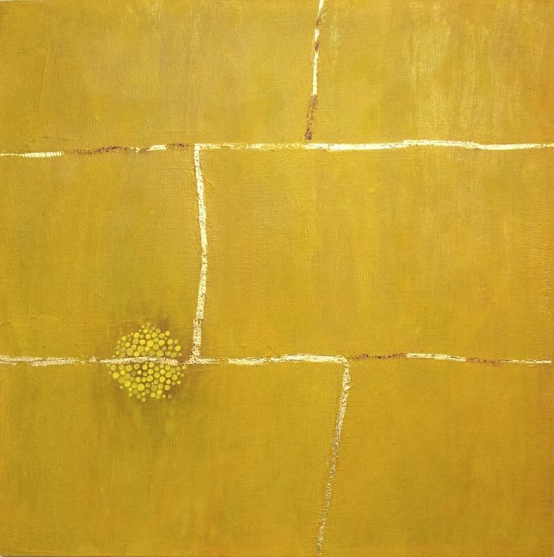 abstract painting, gauze, gold leaf, yellow