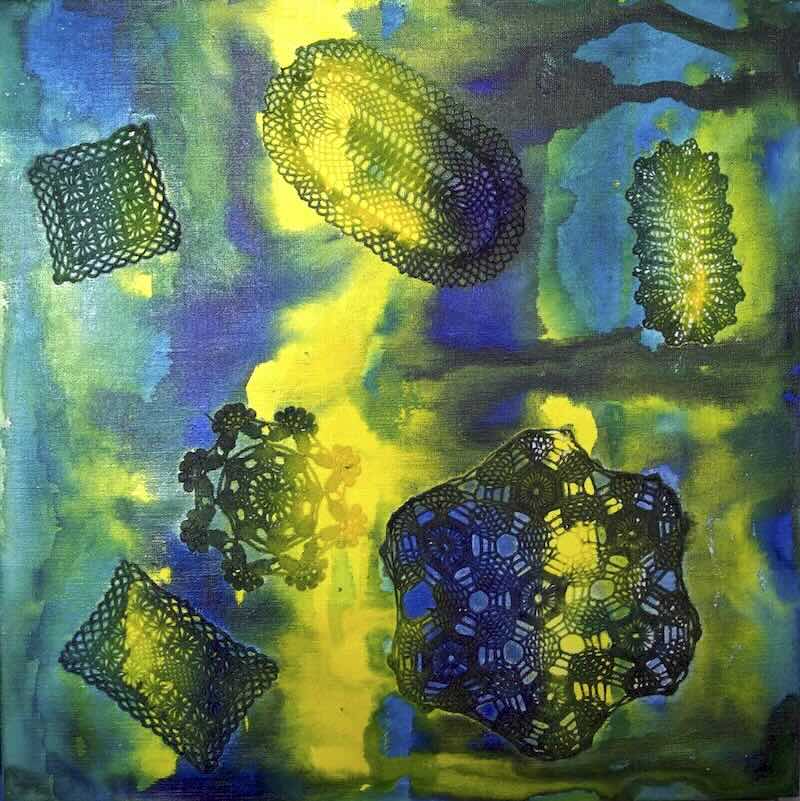abstract painting, acrylic ink, lace, blue, yellow, green