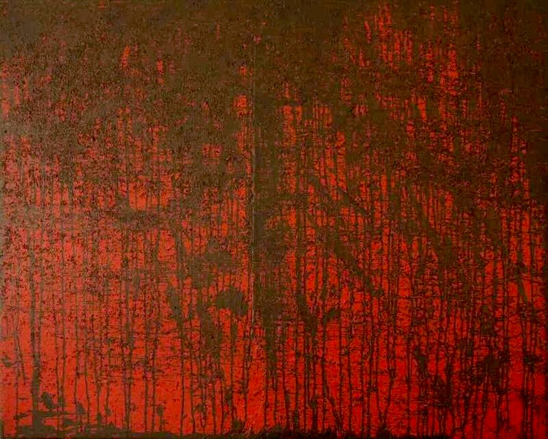 abstract painting, kaliyuga, large, sand, ink, acrylic, war, Syria, bamboo forest, red and black