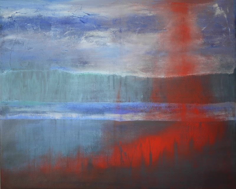 abstract painting, oil, gauze, refugees, mediterranean, blue, white, red