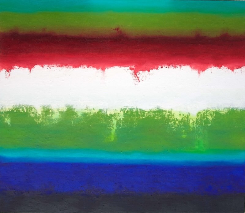 colour field, color field, abstract painting, oil, canvas on wood, meditation, ultramarine, green, bright red, turquoise, white