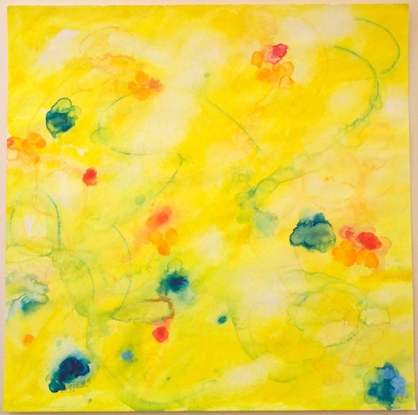 watercolour, abstract, layered, light, yellow and some prussion blue and some red