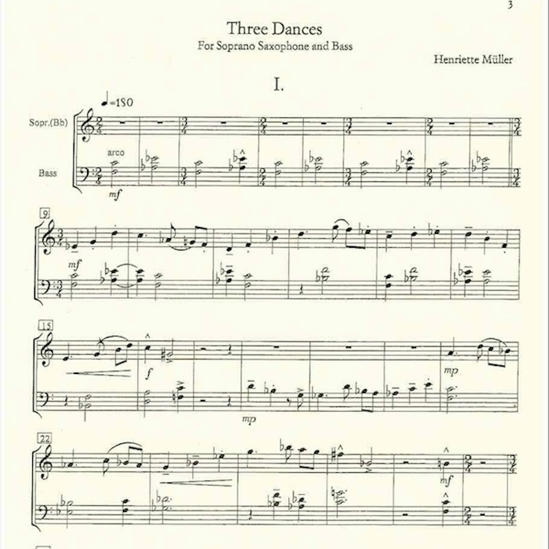 First 27 bars of Three Dances for soprano saxophone and bass, contemporary chamber music, Florian Noetzel Verlag