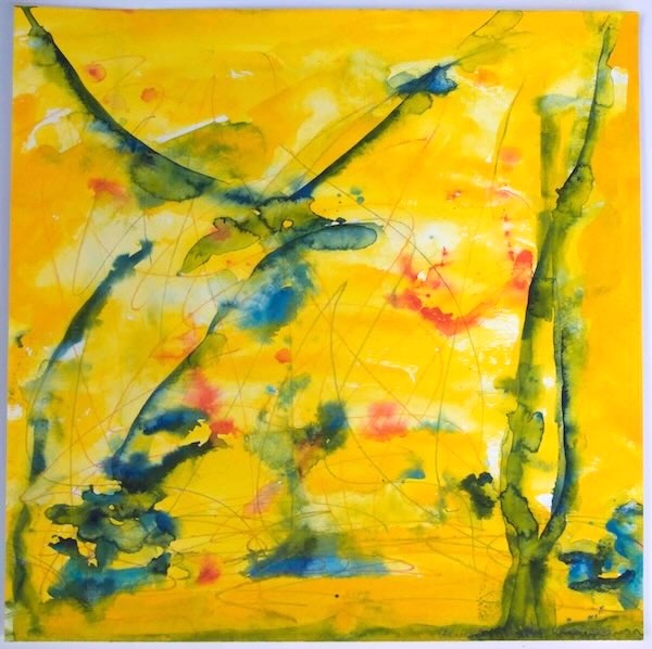 watercolour, abstract, watercolor, dance, in layers, blue on yellow, some red