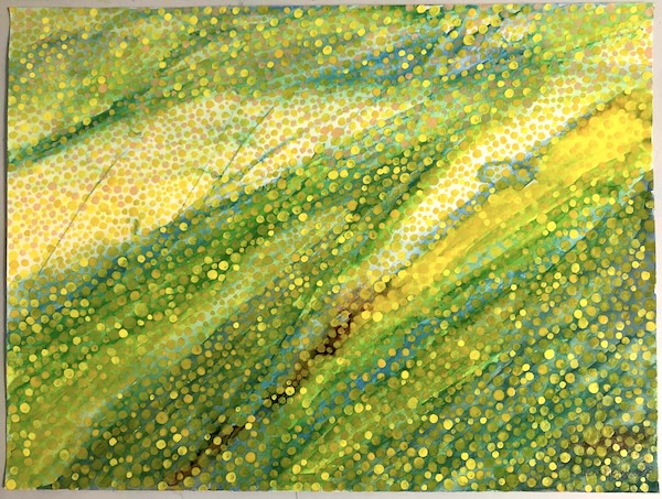 abstract painting, home, fields, layered, watercolour, watercolor, varnish, Bütten, illusion, light, green and yellow, some brown and pink