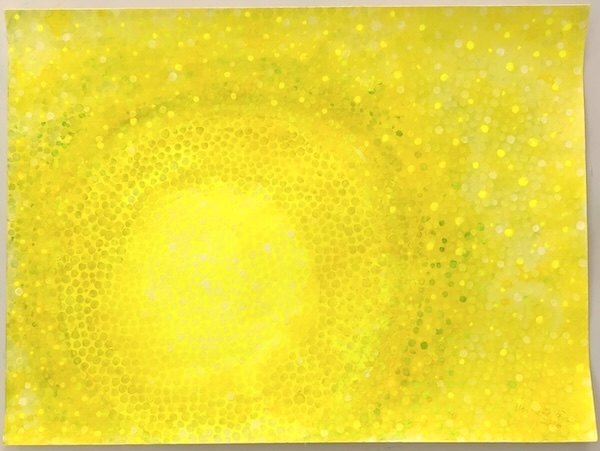 a painting on Schöllershammer Bütten in the series Home using superimposed dots in acrylic white and yellow on neon yellow watercolour and acrylic by Berlin artist Henriette Müller