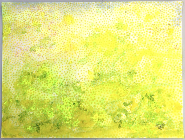 a painting with blossoms about spring greens on Schöllershammer Bütten in the series Home using superimposed dots in acrylic yellow on green, light red and yellow watercolour and acrylic by Berlin artist Henriette Müller