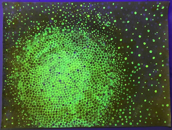 a painting on Schöllershammer Bütten in the series Home using superimposed dots in acrylic white and yellow on neon yellow watercolour and acrylic by Berlin artist Henriette Müller, UV black light
