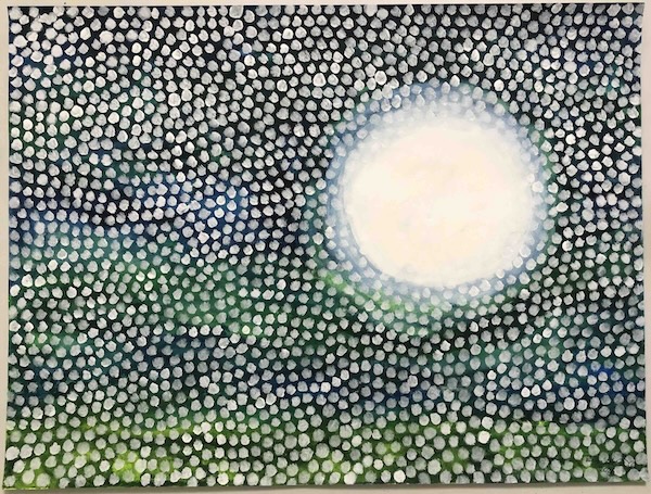 a painting on Schöllershammer Bütten in the series Home using superimposed dots in acrylic white superimposed on the first layer of acrylic paint by Berlin artist Henriette Müller, day light
