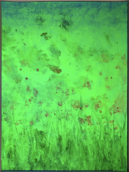 painting in light green, orange-red and yellow in acrylic with paper on cardboard, by Berlin artist Henriette Müller, under UV black light