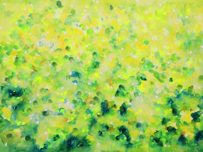 a bright painting from the series 'Home' depicting the feeling of light on leaves in July, Komorebi is Japanese for 'shimmering light', yellows, greens, white