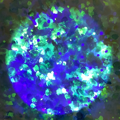 a detail of 'Home 15' under UV black light revealing a second secret life in vlue, turquoise, lila and white