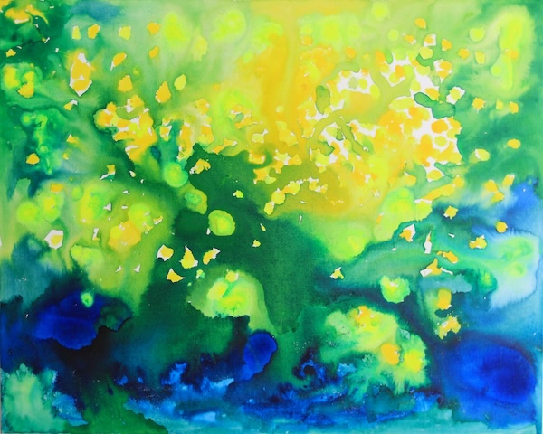 a bright shimmering abstract painting with acrylic ink on canvas, yellow, neon yellow, greens and blues, komorebi is Japanes for shimmering light