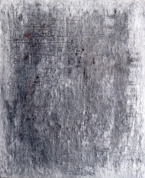 Grey abstract painting in mixed media with a very structured surface that is calming to look at