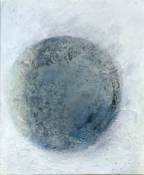 abstract painting in light blue, some yellow and grey, showing a ball that seems to be rolling forward could be our planet earth