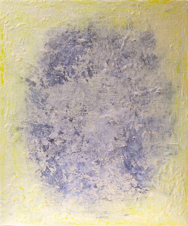 a calm painting in mixed media with a bluish grey surrounded by light yellow and a structured surface