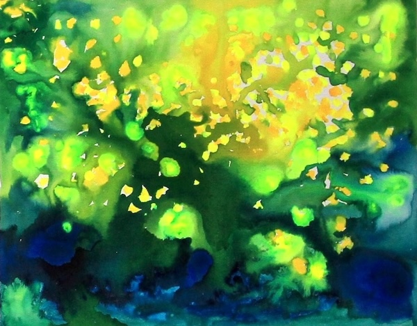 a bright shimmering abstract painting with acrylic ink on canvas, yellow, neon yellow, greens and blues, komorebi is Japanes for shimmering light